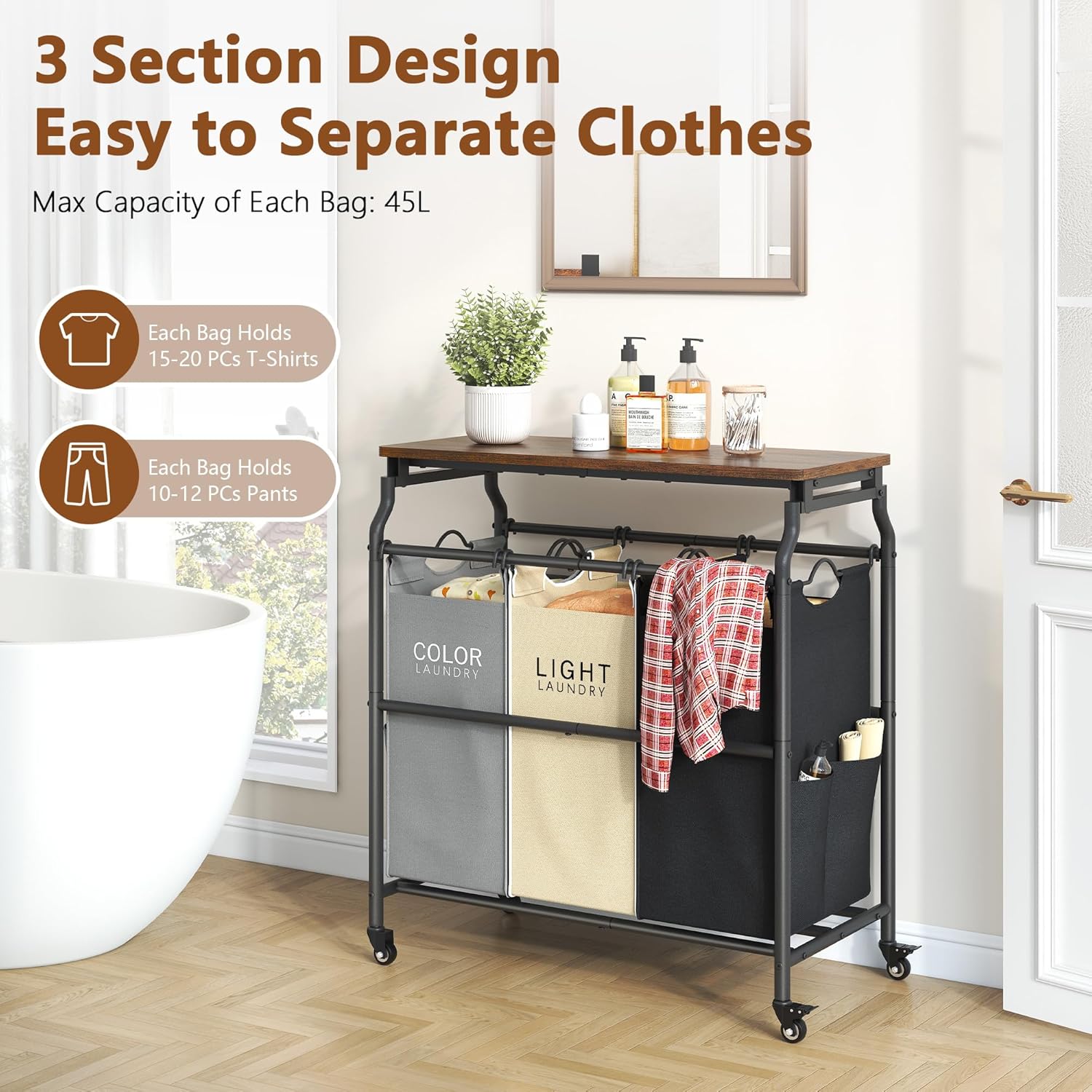 Hoctieon 3 Section Laundry Sorter Cart with Ironing Board
