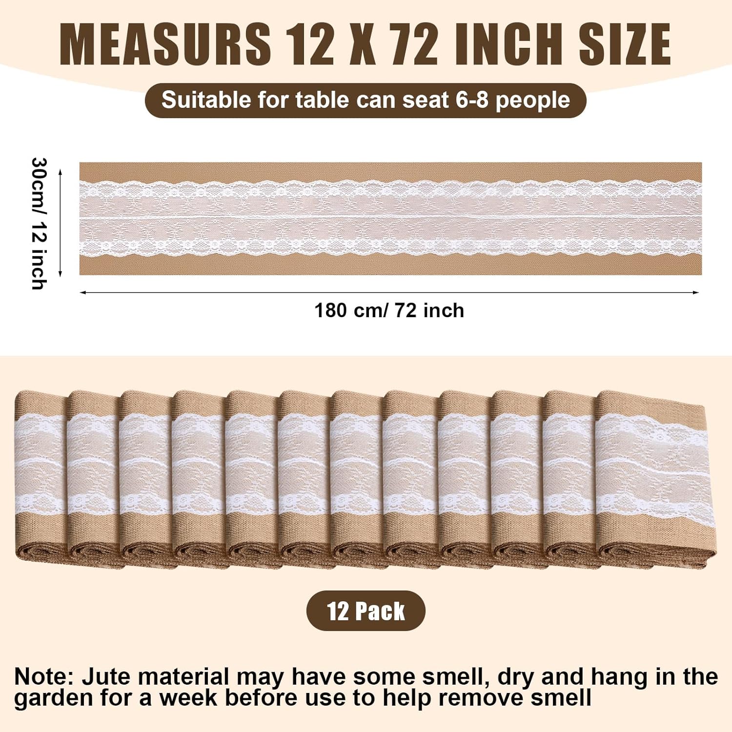 Chumia 12 Pack Burlap Table Runner for Farmhouse Decor