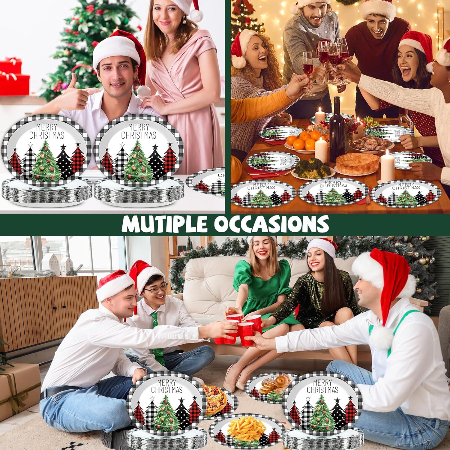 CHUNNIN 50Pcs Christmas Tree Plaid Paper Plates