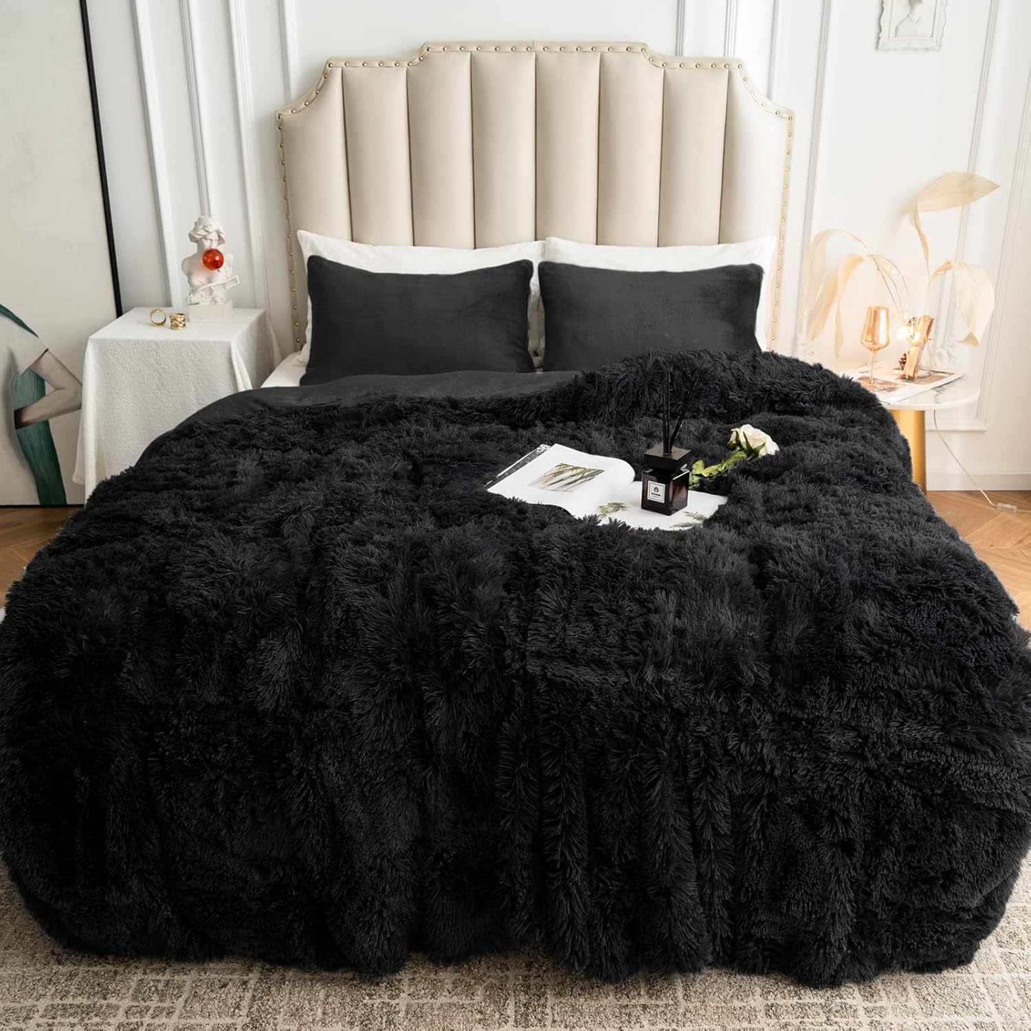 CHOSHOME Plush Shaggy Duvet Cover Twin 3PCS Set Black