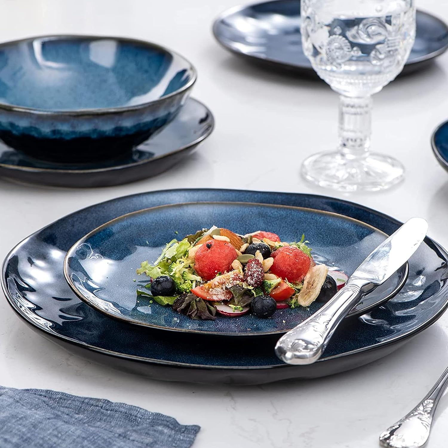 Elama Samara 12 Piece Stoneware Dinnerware Set Blue