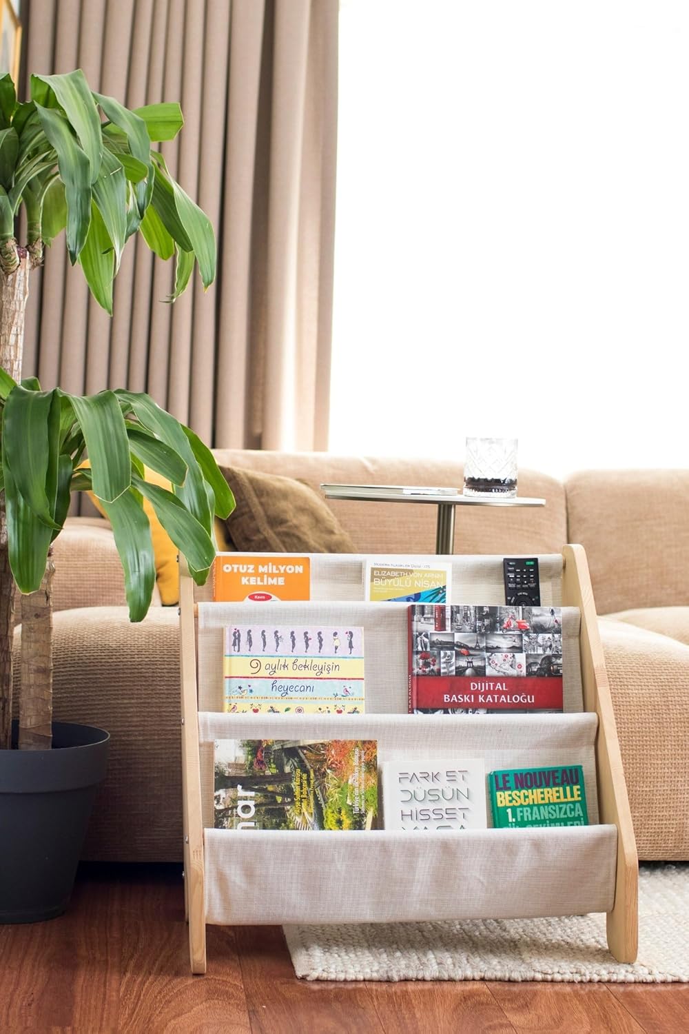 Montessori Bookshelf with Linen Fabric Hanger - 4 Tier Kids Storage Unit