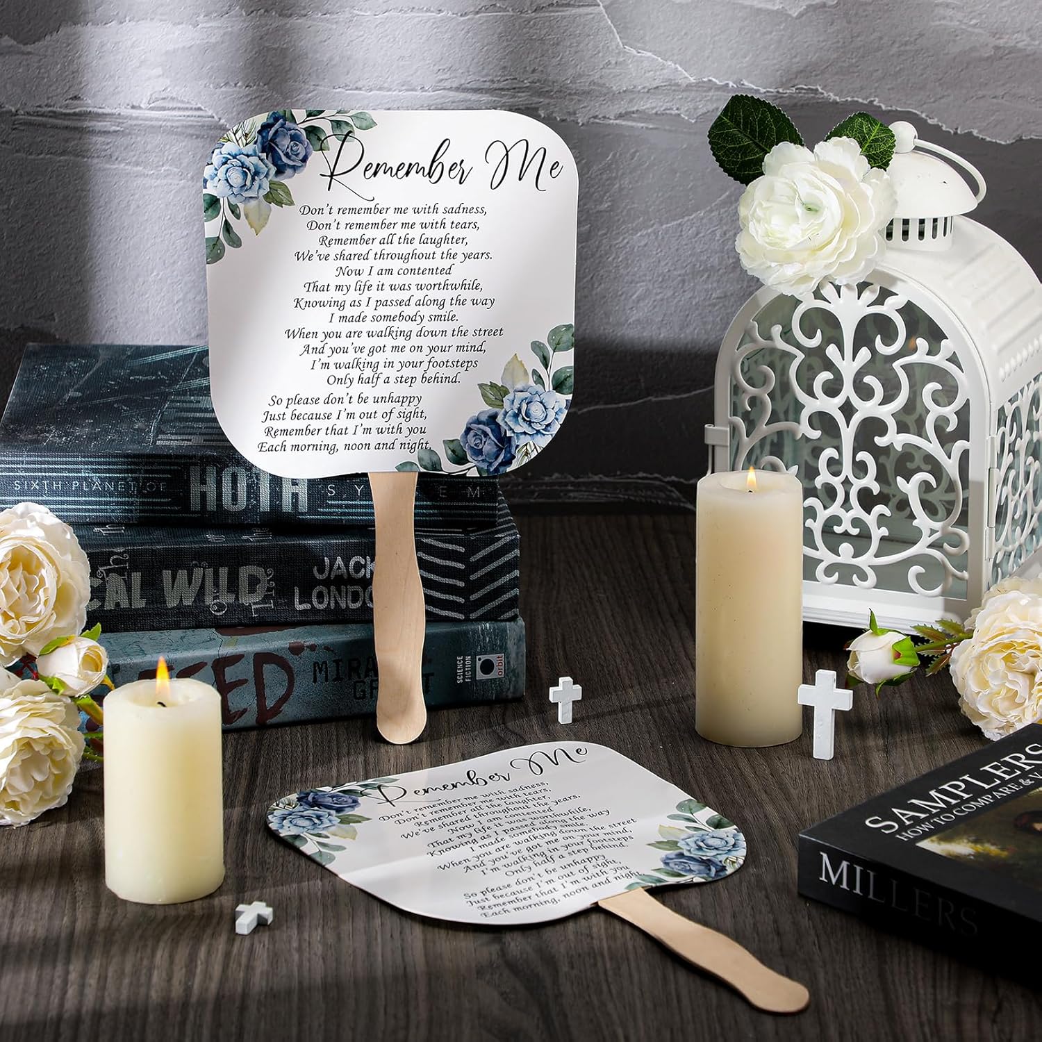 Teling 50 Pcs Blue Rose Memorial Fans with Wooden Handles