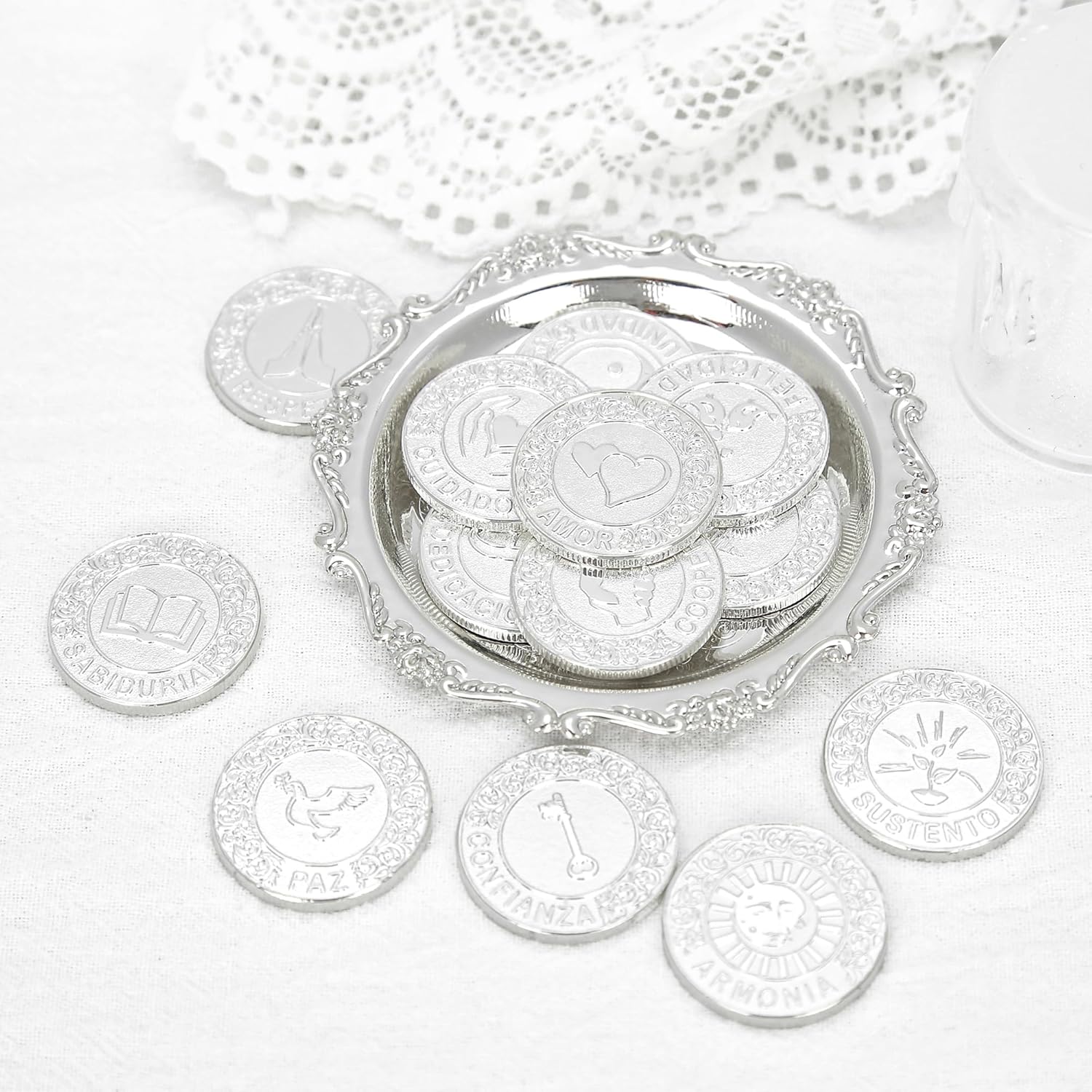 TINGKU Silver Spanish Wedding Ceremony Coins Set with Tray