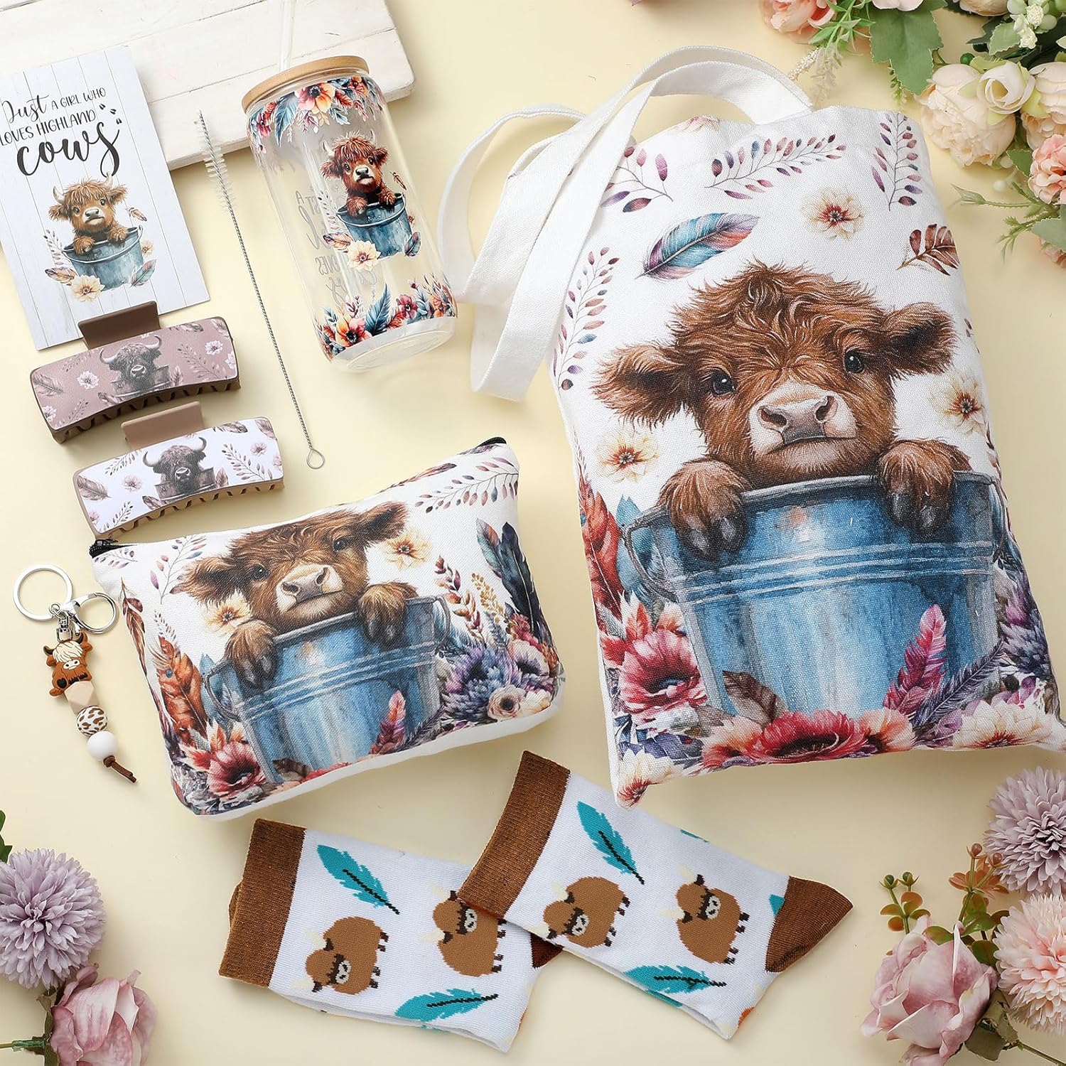 Skylety 8 Pcs Western Highland Cow Gift Set for Women