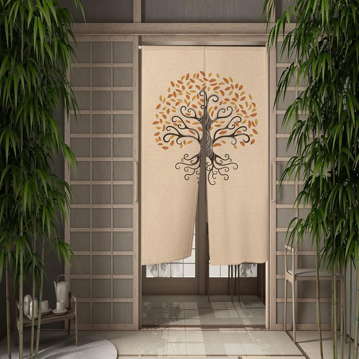 Leowefowa Japanese Noren Door Curtain with Tree Print