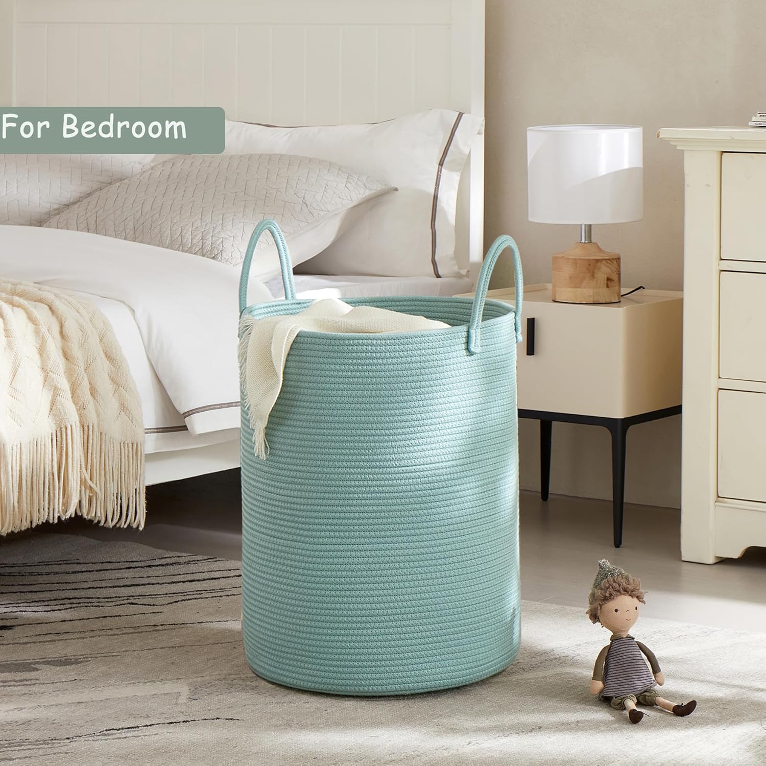 15Dx20H Inches Tall Green Cotton Rope Laundry Basket