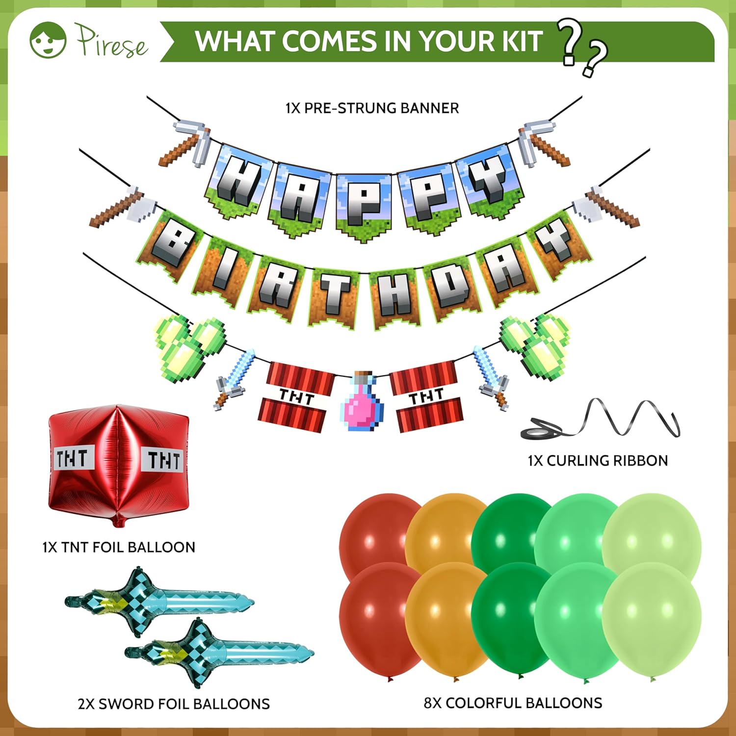 Pirese Pixel Birthday Banner with Foil Balloons and Sign
