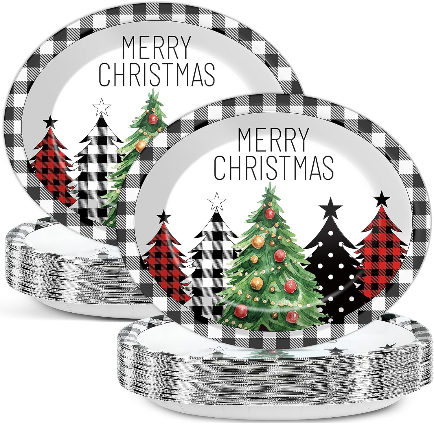 CHUNNIN 50Pcs Christmas Tree Plaid Paper Plates