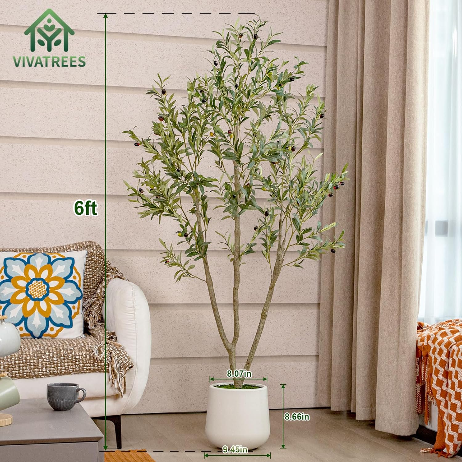 VIVATREES Olive Tree Artificial Indoor 6FT with White Planter