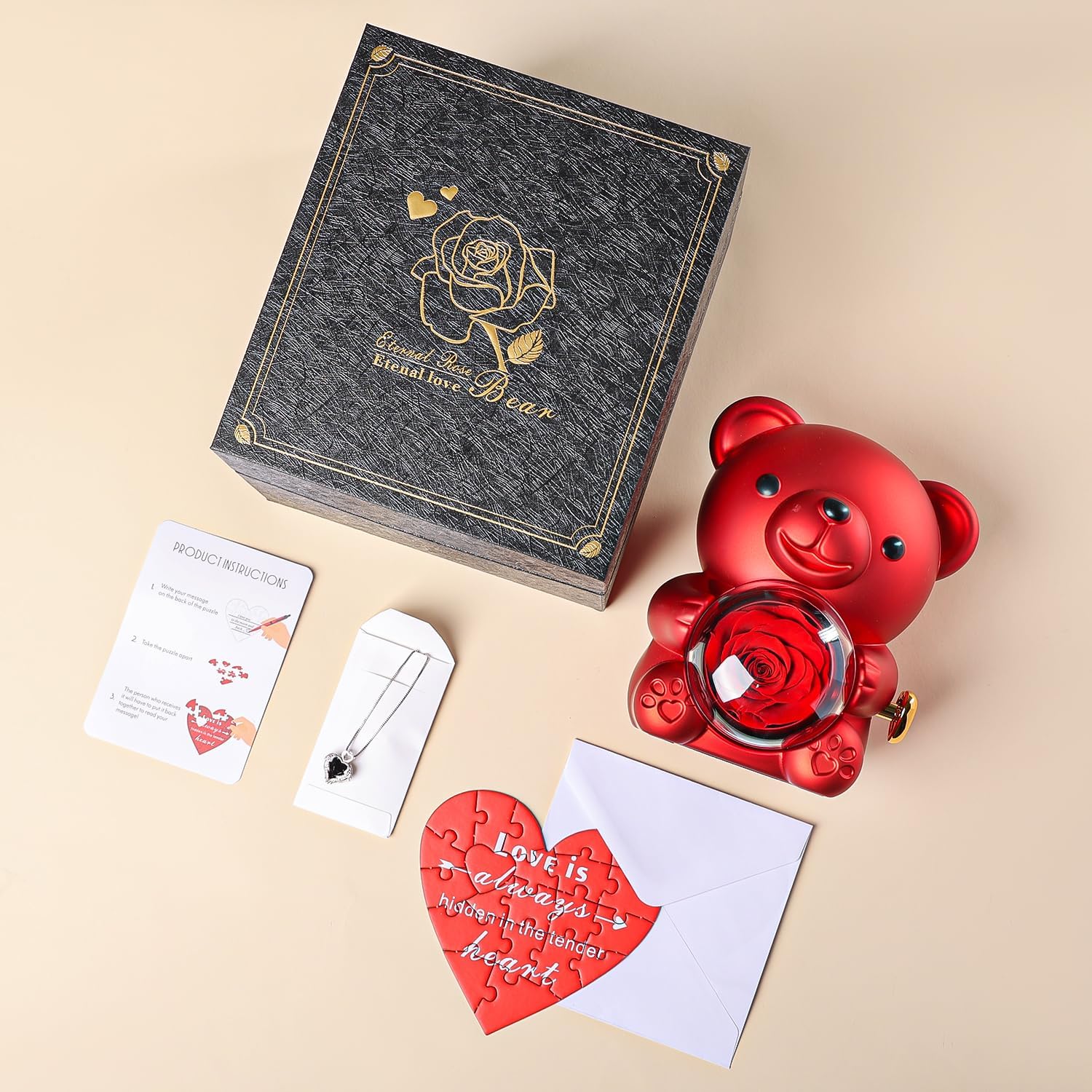 Cute Teddy Bear with Preserved Rose - Romantic Gift