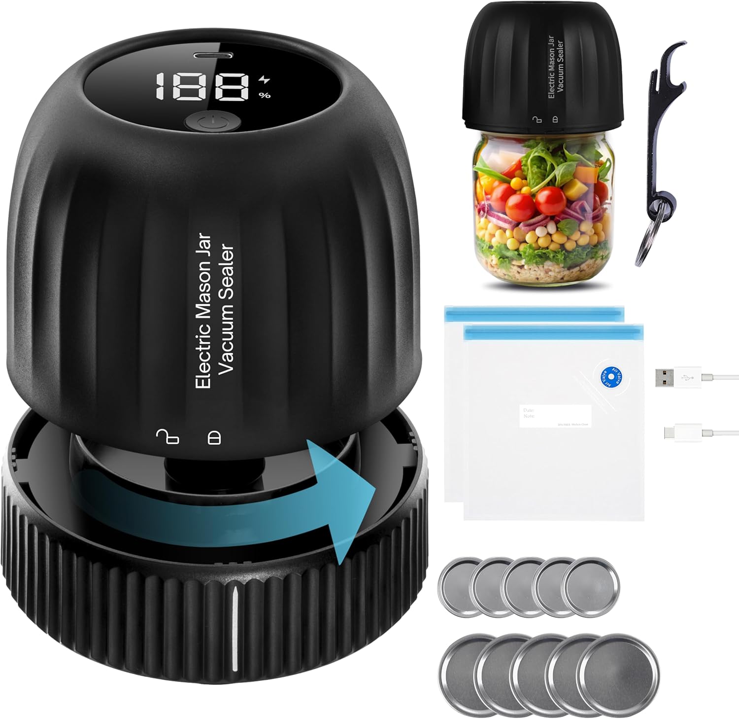 Lumo 3-in-1 Mason Jar Vacuum Sealer with Rechargeable Battery