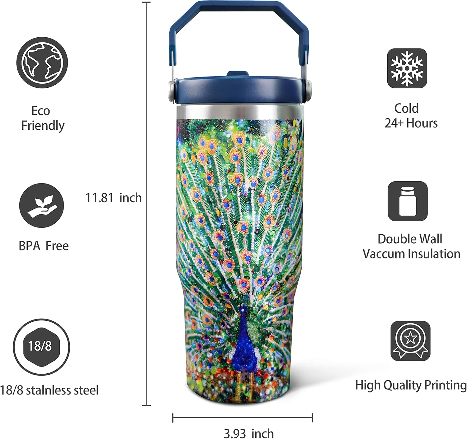 30oz Peacock Tumbler with Handle and Straw