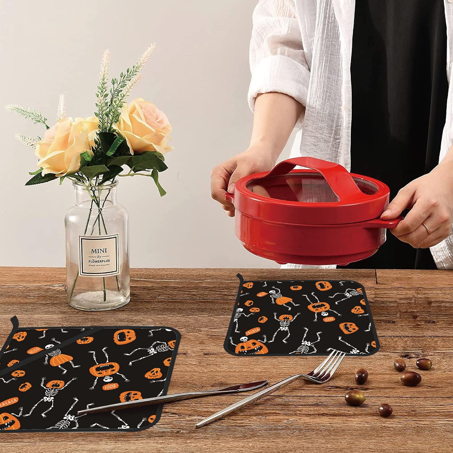 Halloween Skeleton Pumpkin Potholders Set of 2