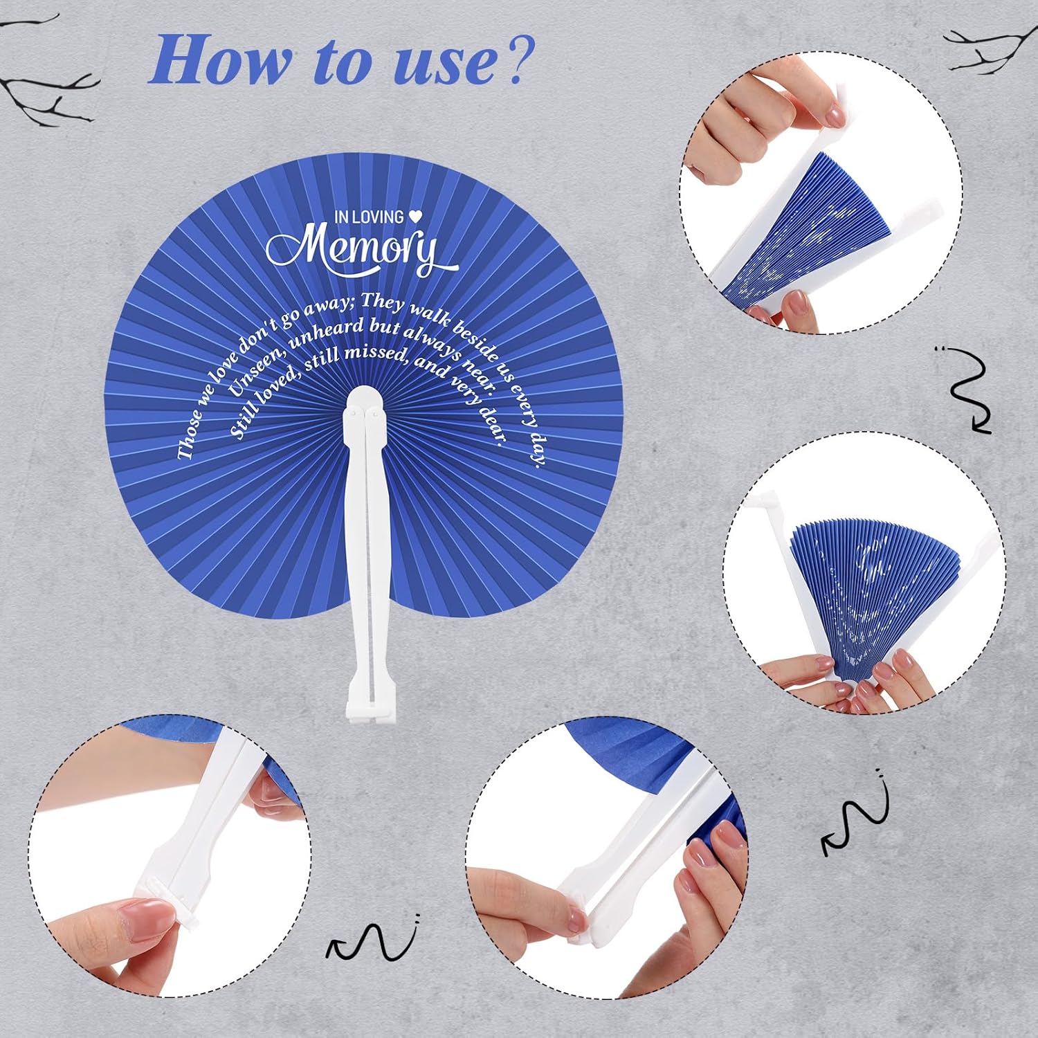 Roowest 25 Pcs Blue Memorial Folding Fans for Funerals