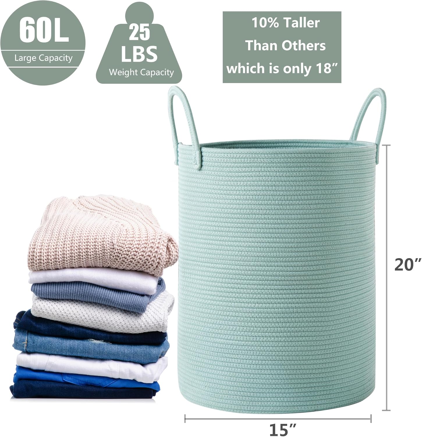 15Dx20H Inches Tall Green Cotton Rope Laundry Basket
