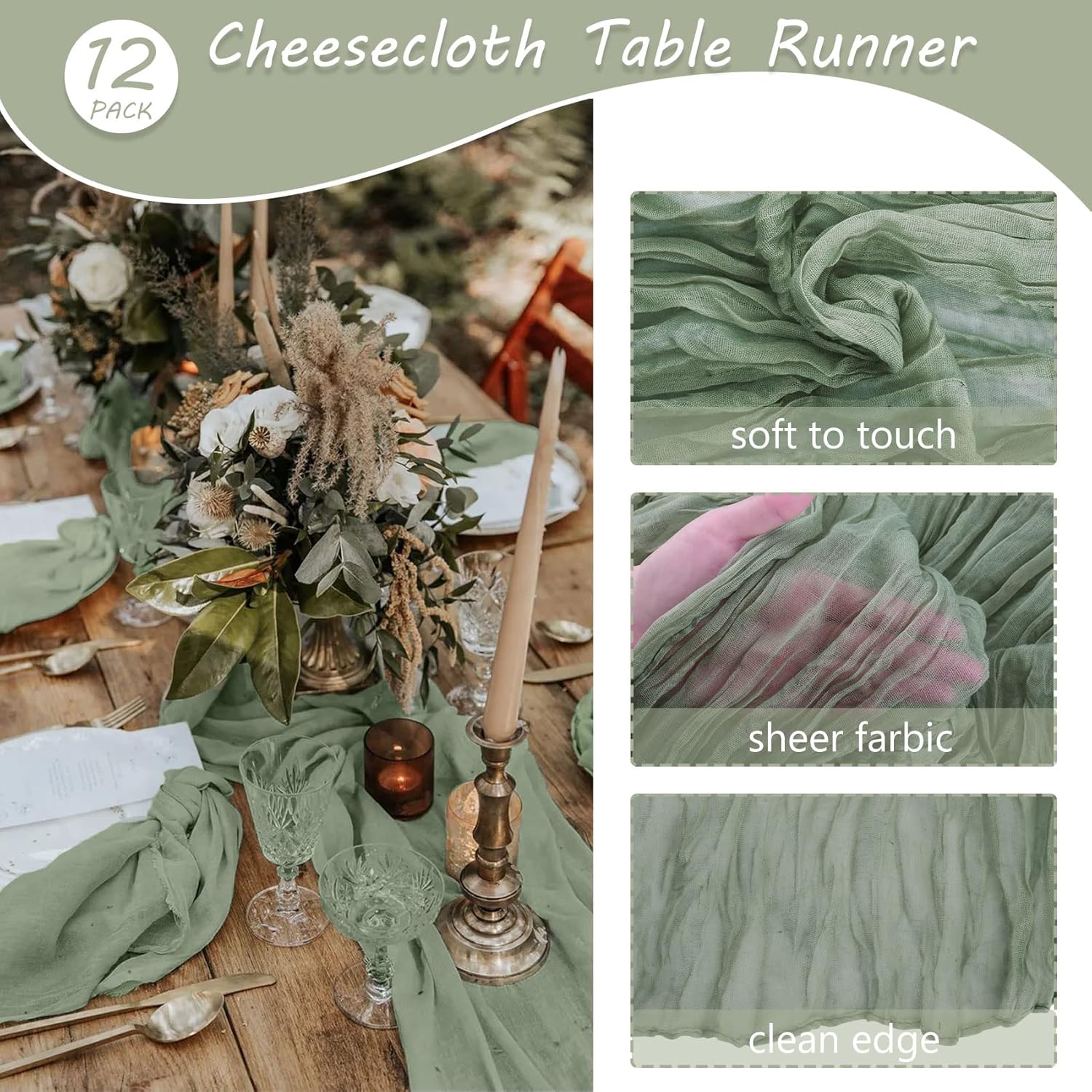 12 Pack 10ft Dusty Sage Green Cheesecloth Table Runner