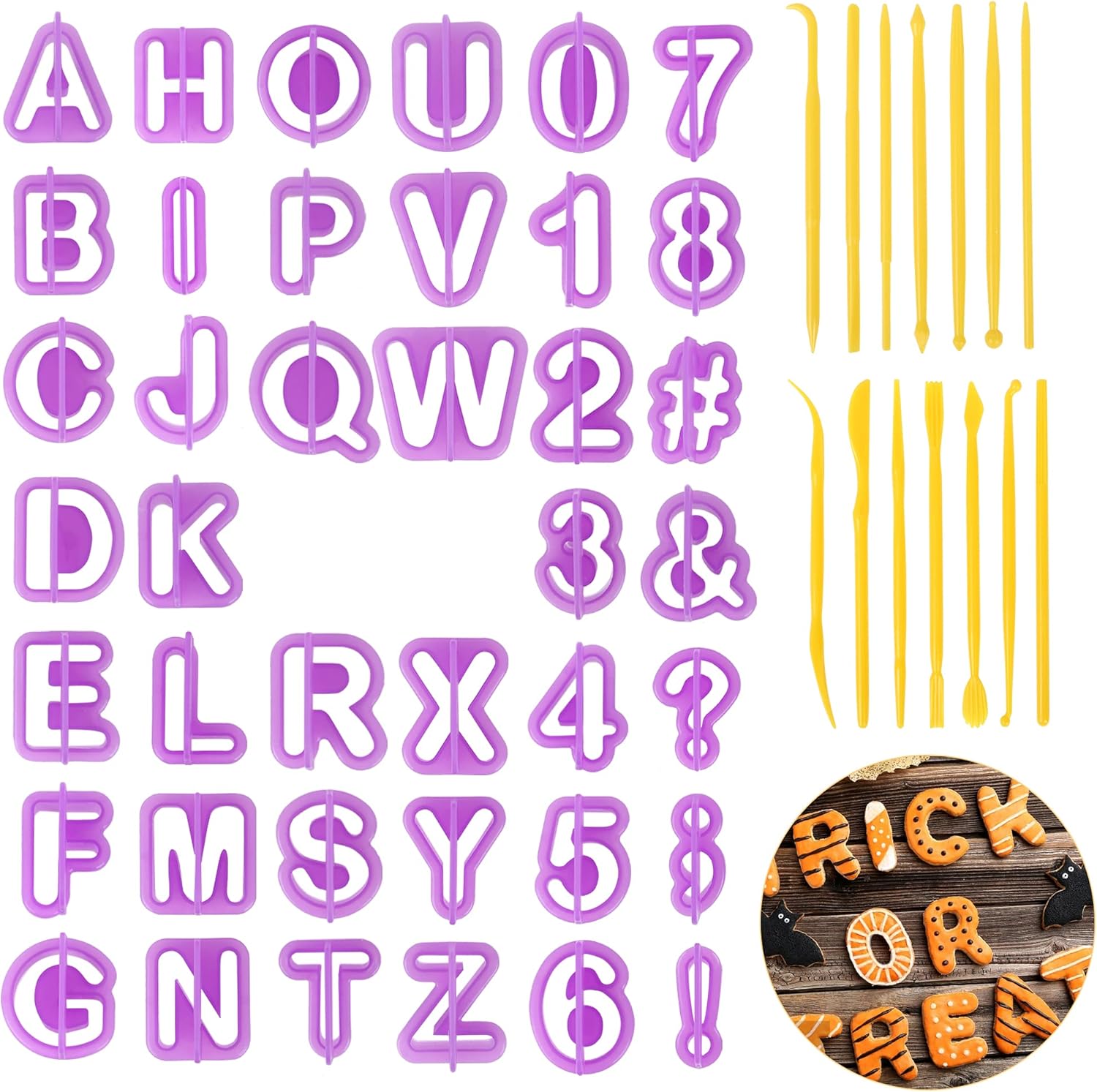 CSPRING 54PCS Plastic Alphabet Number Symbol Cookie Cutters and Mini Fondant Tools