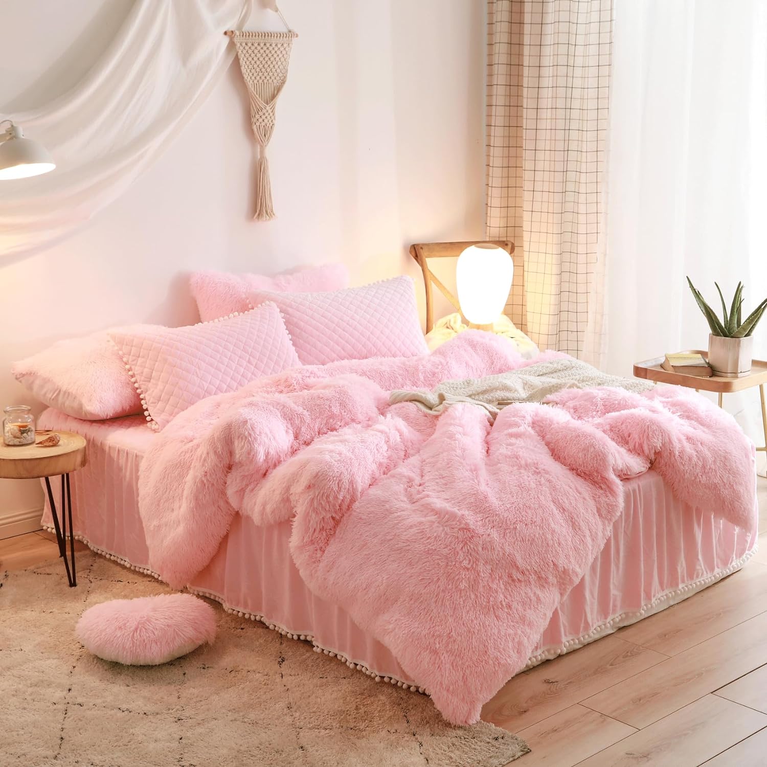 Fluffy Pink Duvet Cover Twin Set with Furry Pillow Cases