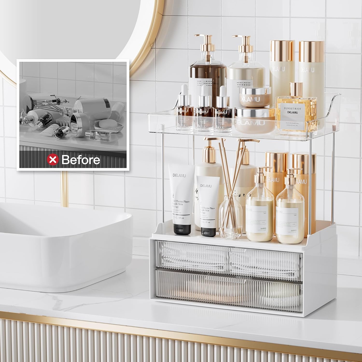 Delamu 2-Tier Makeup Organizer With 2 Drawers Clear
