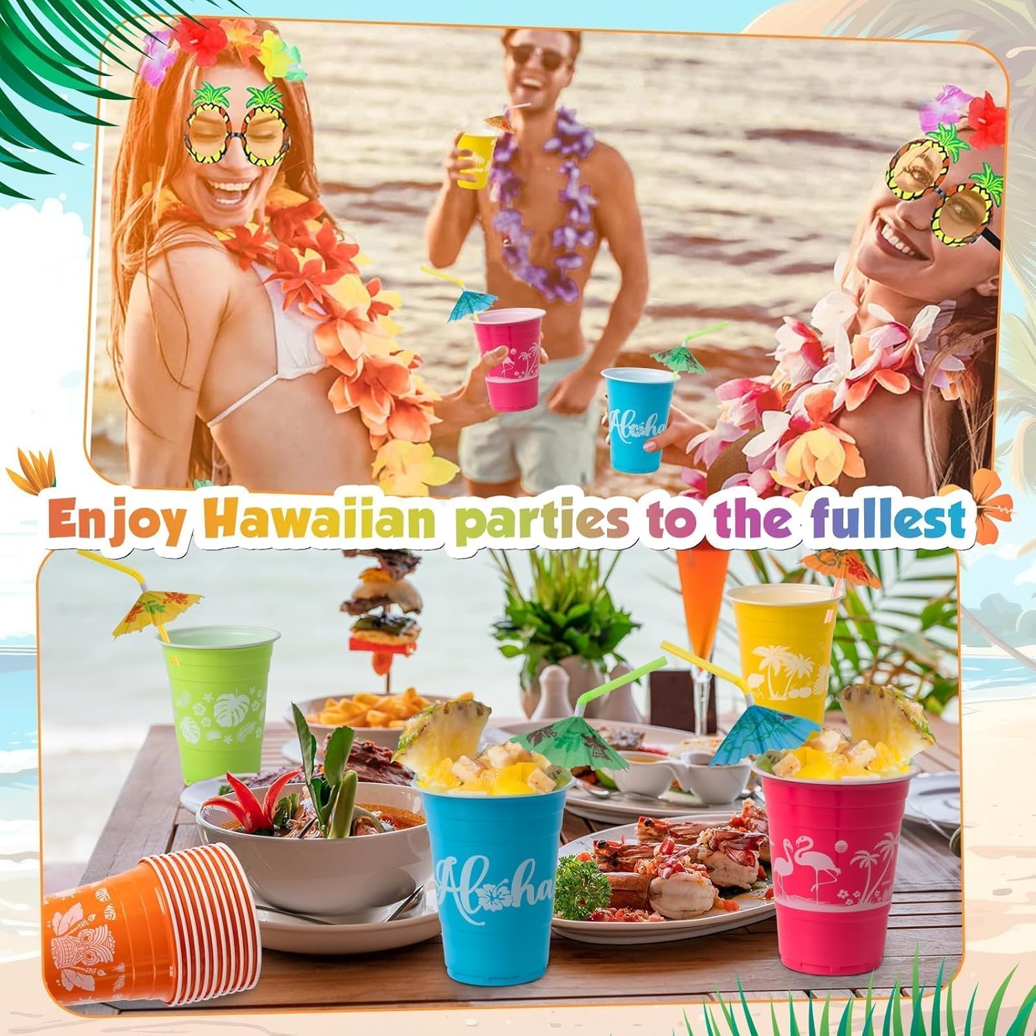 50 Hawaiian Luau Party Cups with Parasol Straws 16OZ