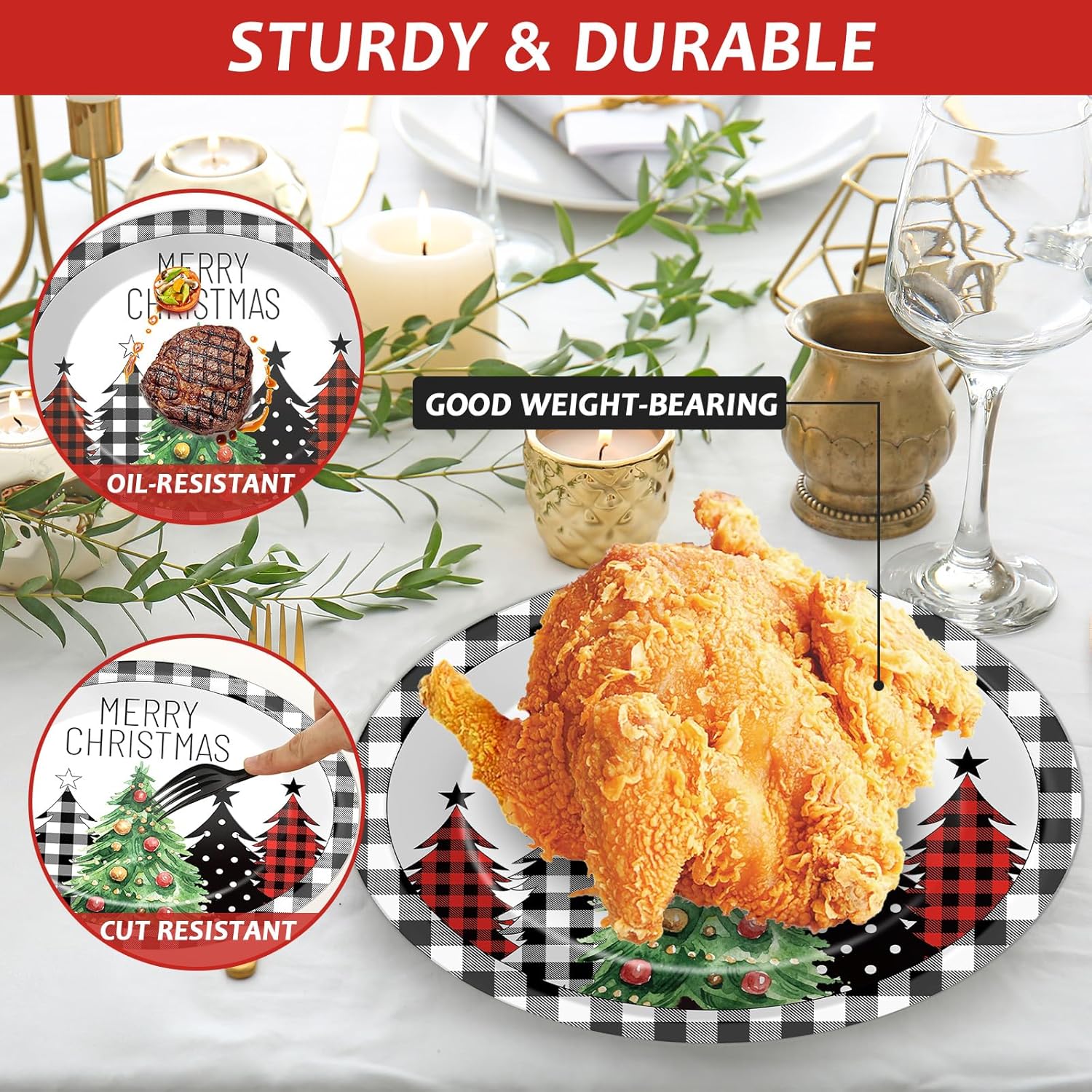 CHUNNIN 50Pcs Christmas Tree Plaid Paper Plates