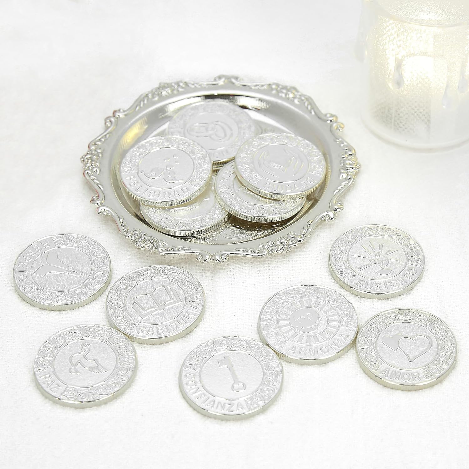 TINGKU Silver Spanish Wedding Ceremony Coins Set with Tray