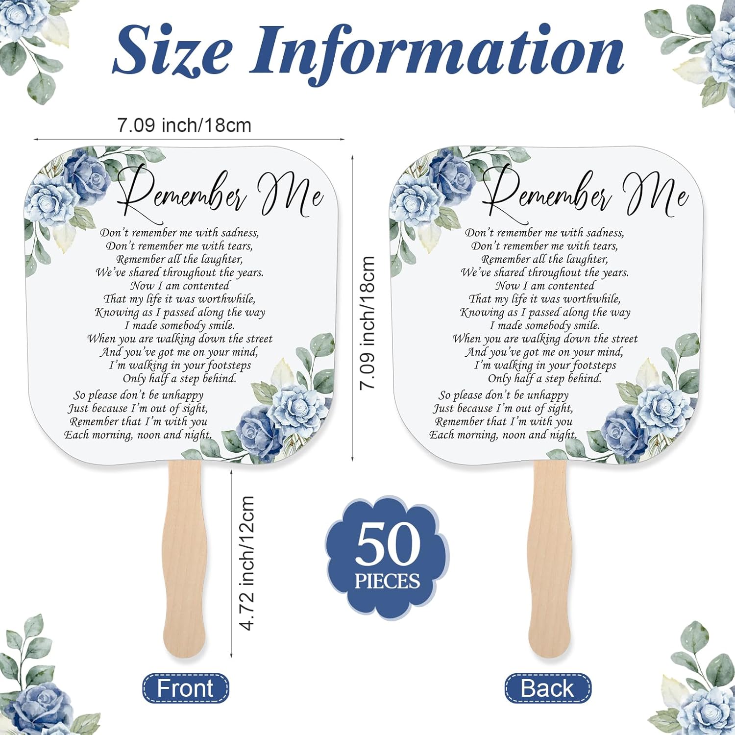 Teling 50 Pcs Blue Rose Memorial Fans with Wooden Handles