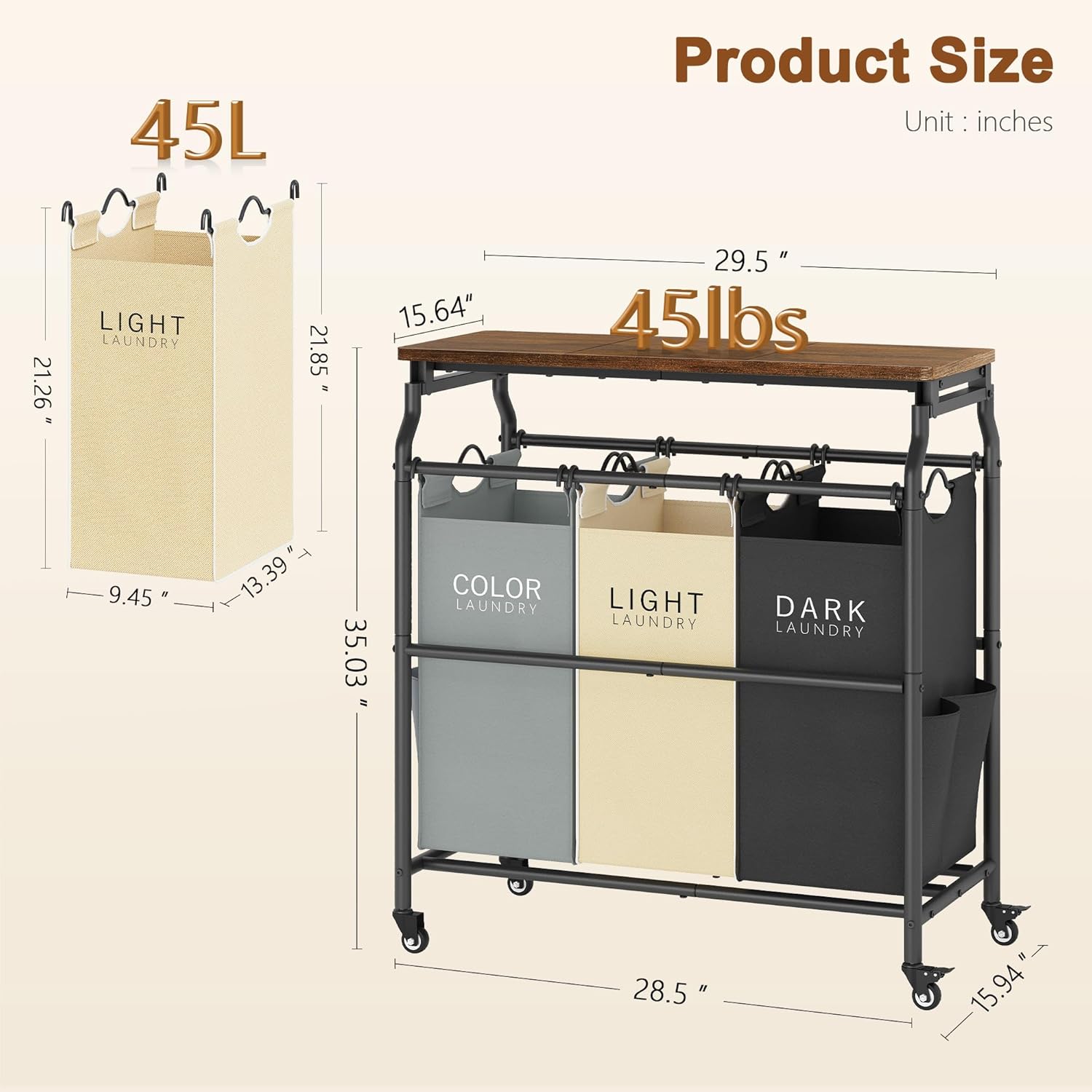Hoctieon 3 Section Laundry Sorter Cart with Ironing Board