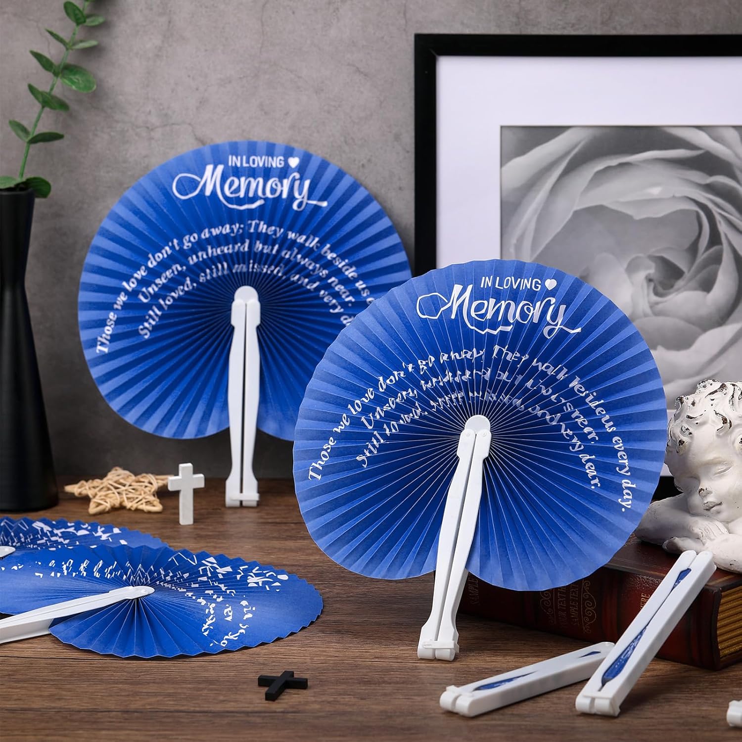 Roowest 25 Pcs Blue Memorial Folding Fans for Funerals