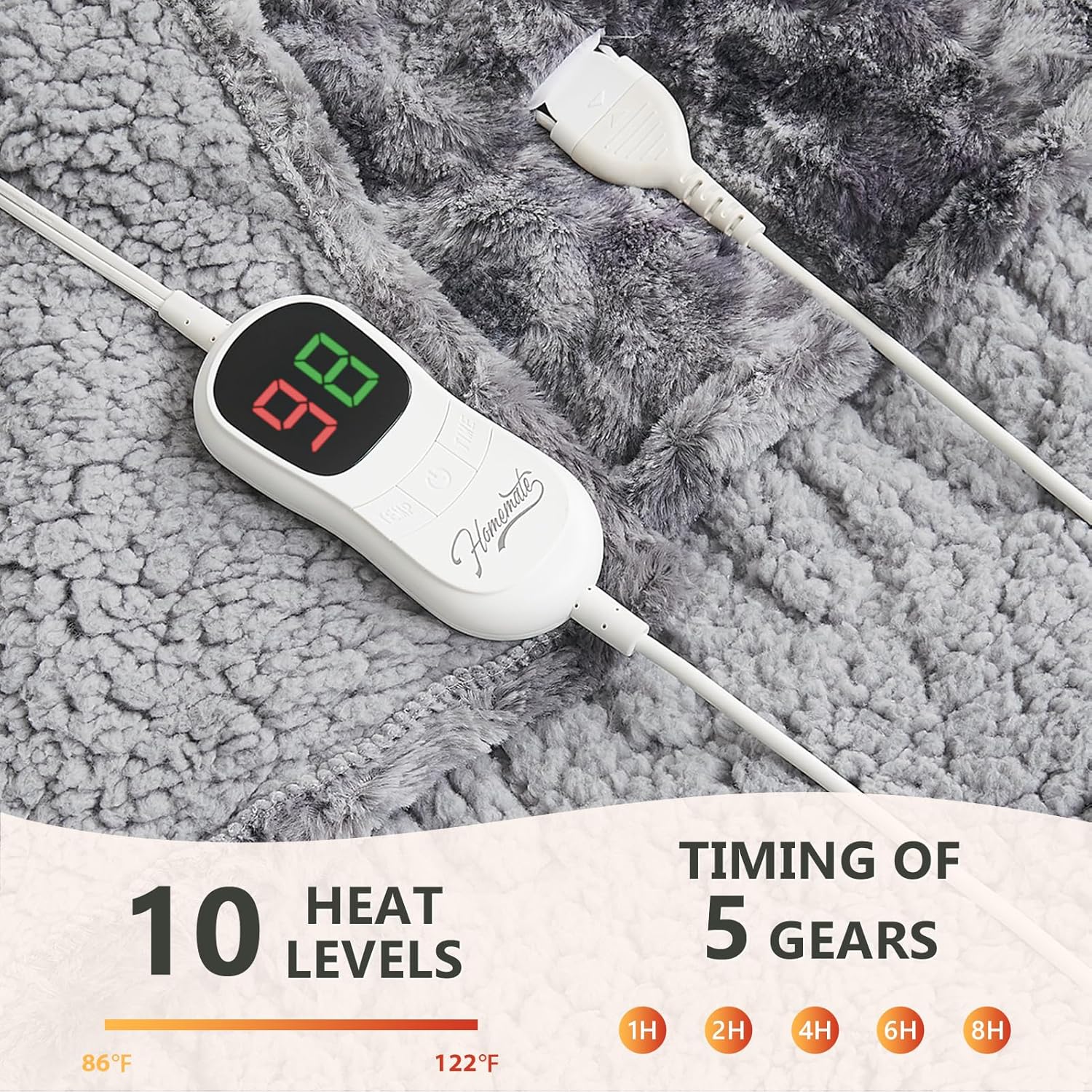 Homemate Heated Blanket Electric Throw 50x60 10 Heat Levels Auto-Off ETL Certified