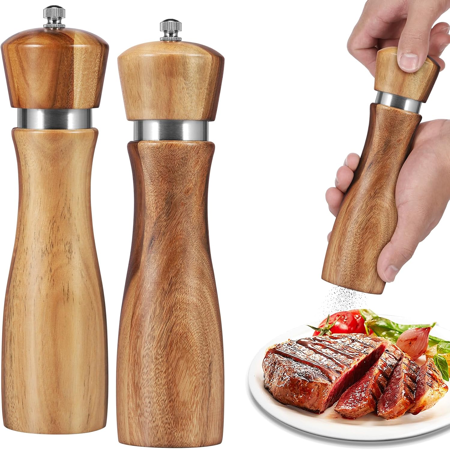 2Pcs Wood Salt and Pepper Grinder Set with Adjustable Coarseness
