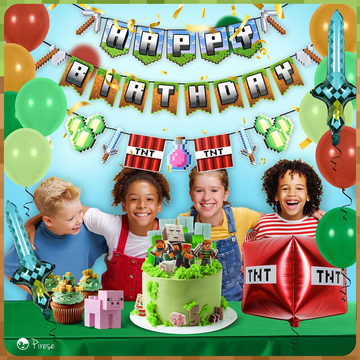 Pirese Pixel Birthday Banner with Foil Balloons and Sign