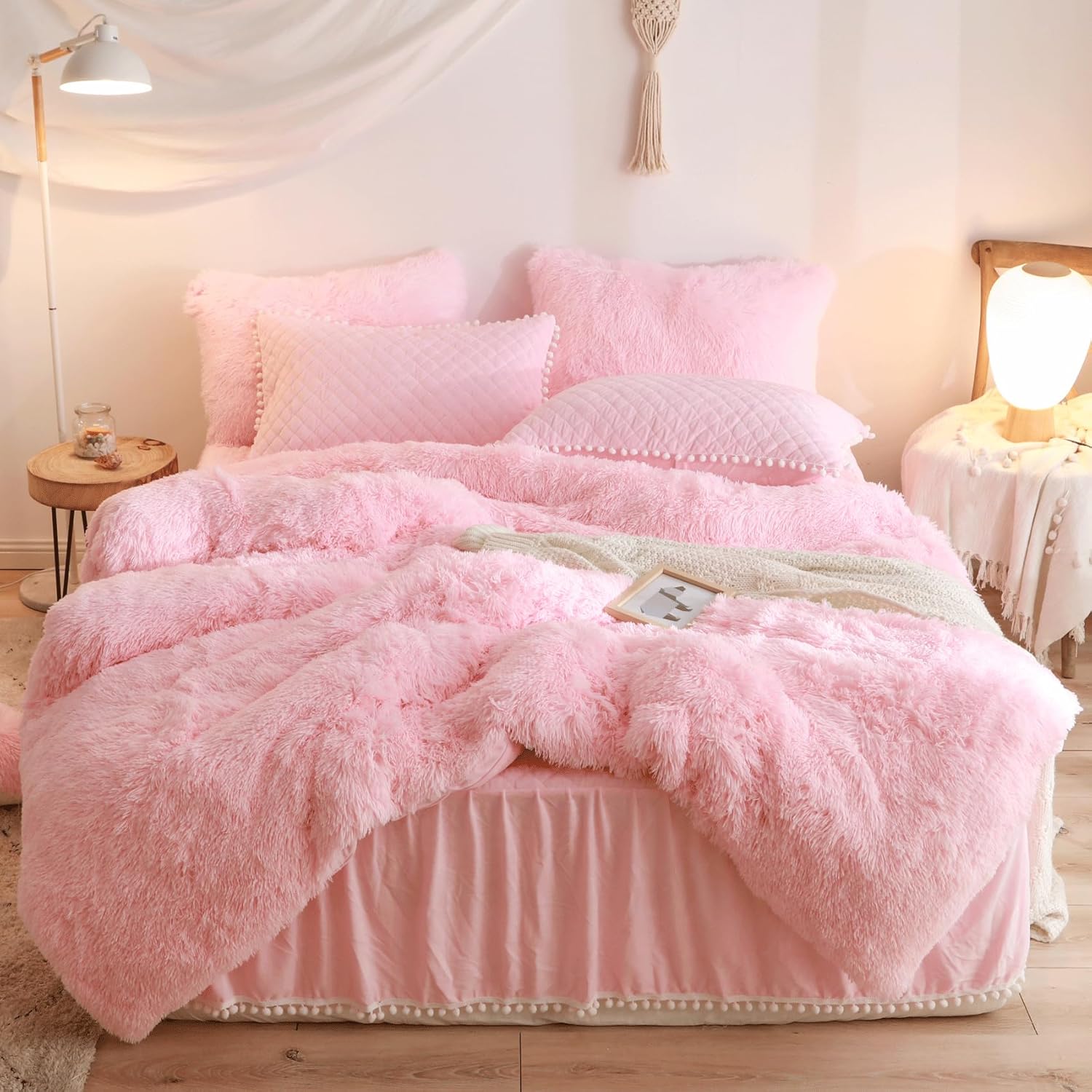 Fluffy Pink Duvet Cover Twin Set with Furry Pillow Cases