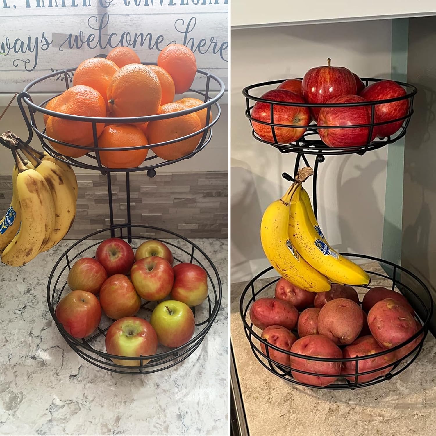 Bextsrack 2-Tier Fruit Basket with Banana Hanger Black