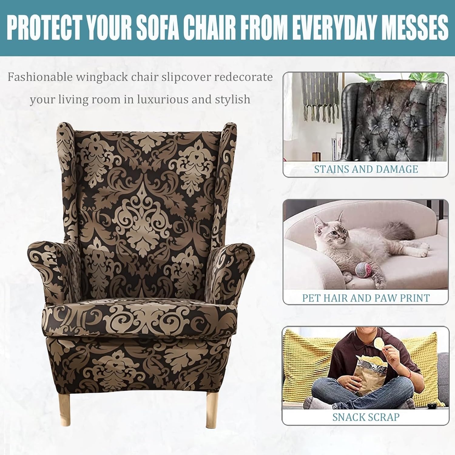 2-Piece Stretch Wingback Chair Covers - Brown