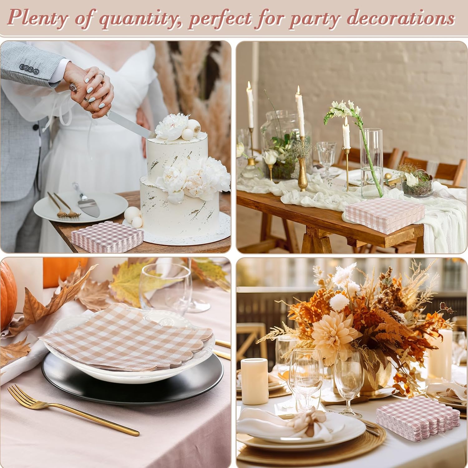 240 Pcs Scalloped Gingham Plaid Cocktail Napkins Khaki