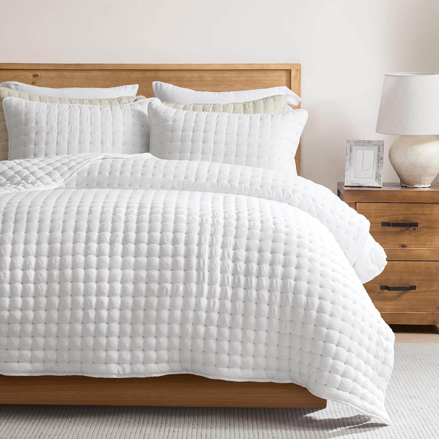WDCOZY White Queen Quilt Bedding Set with Pillow Shams