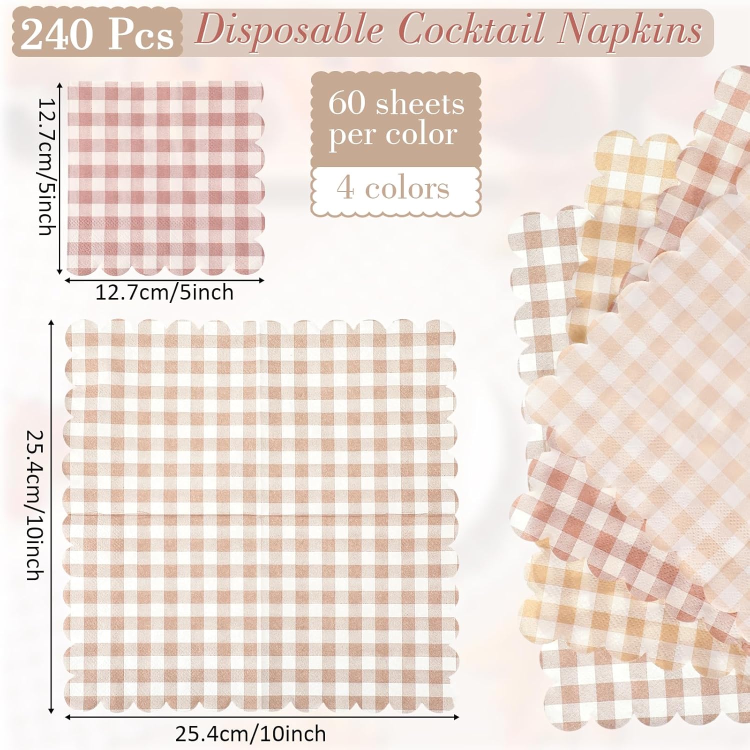240 Pcs Scalloped Gingham Plaid Cocktail Napkins Khaki