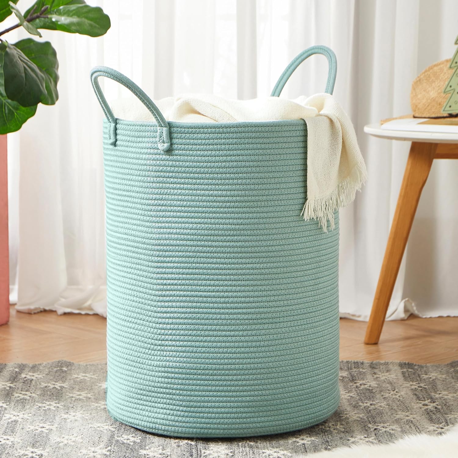 15Dx20H Inches Tall Green Cotton Rope Laundry Basket