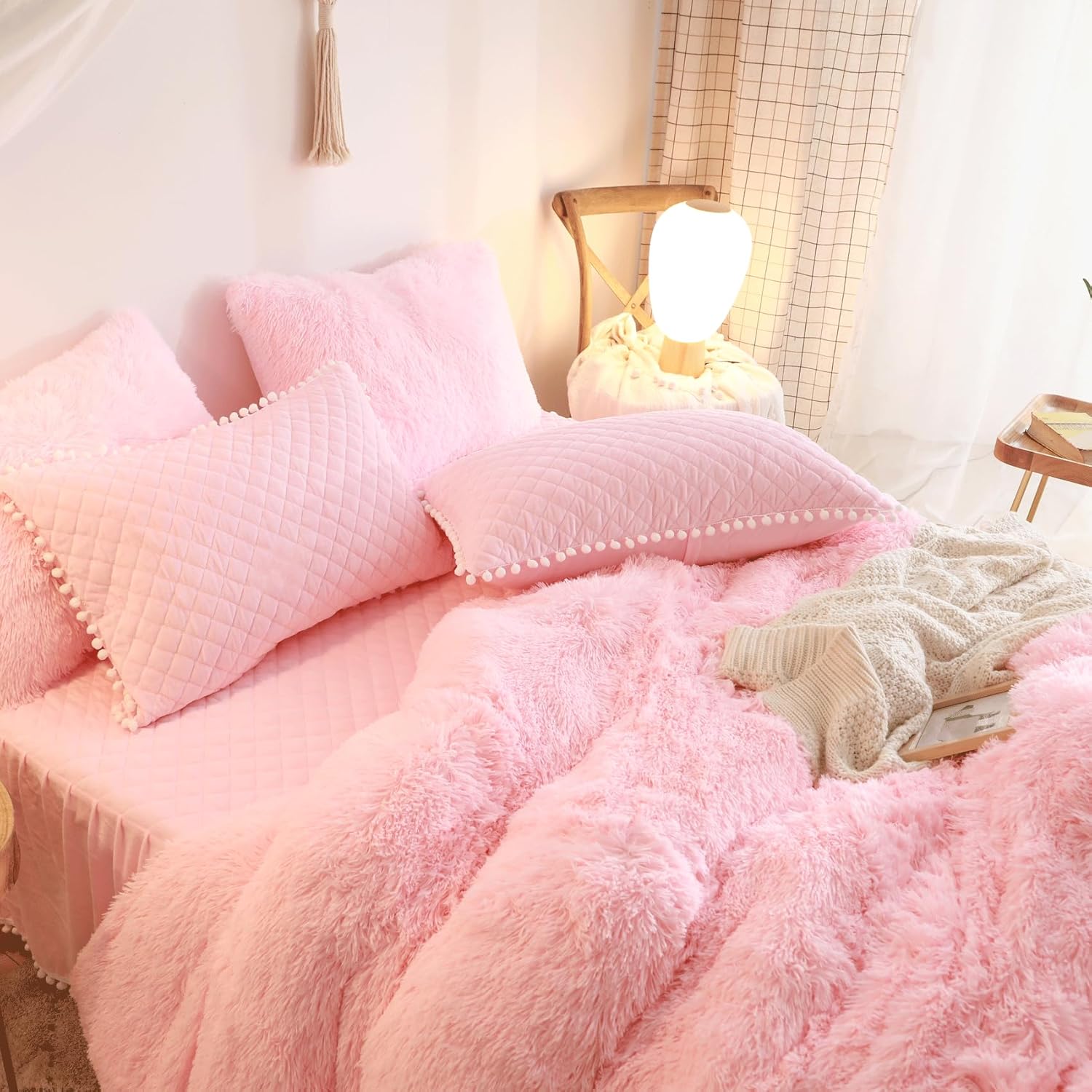 Fluffy Pink Duvet Cover Twin Set with Furry Pillow Cases