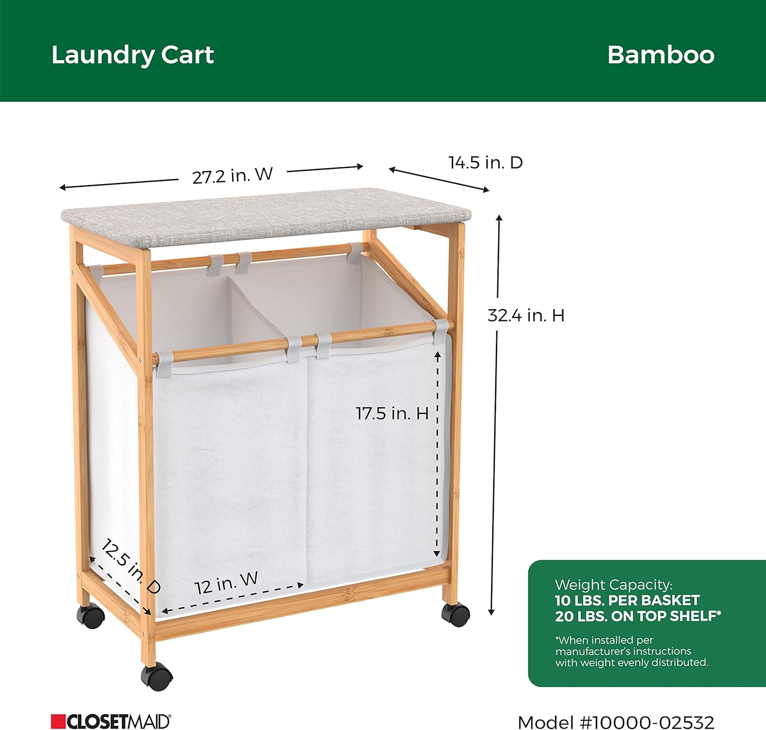 ClosetMaid Bamboo Laundry Hamper Cart with Ironing Board