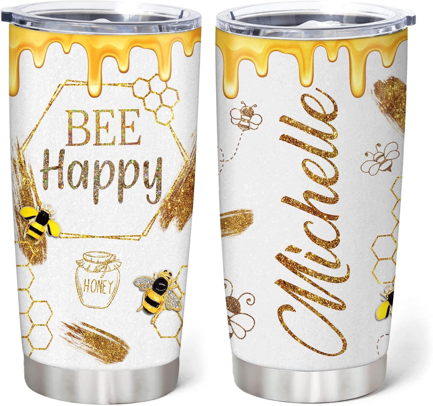 Bee Happy Custom Name Stainless Steel Tumbler 20oz With Lid