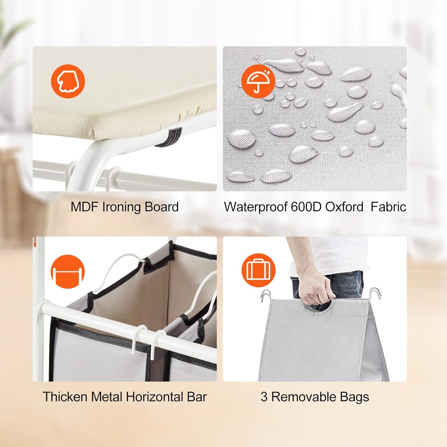 VEVOR 3-Section Laundry Sorter Cart with Ironing Board