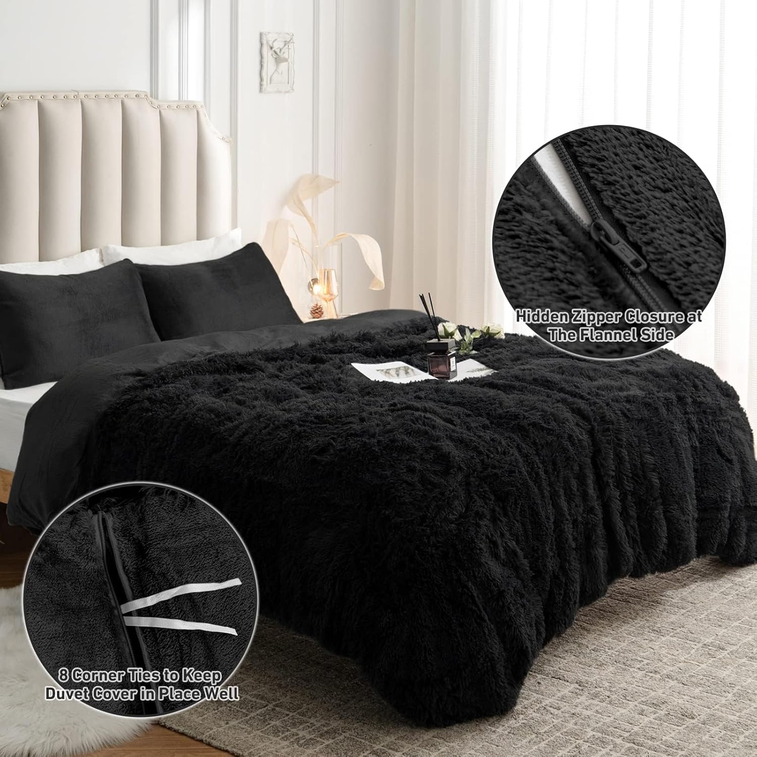 CHOSHOME Plush Shaggy Duvet Cover Twin 3PCS Set Black