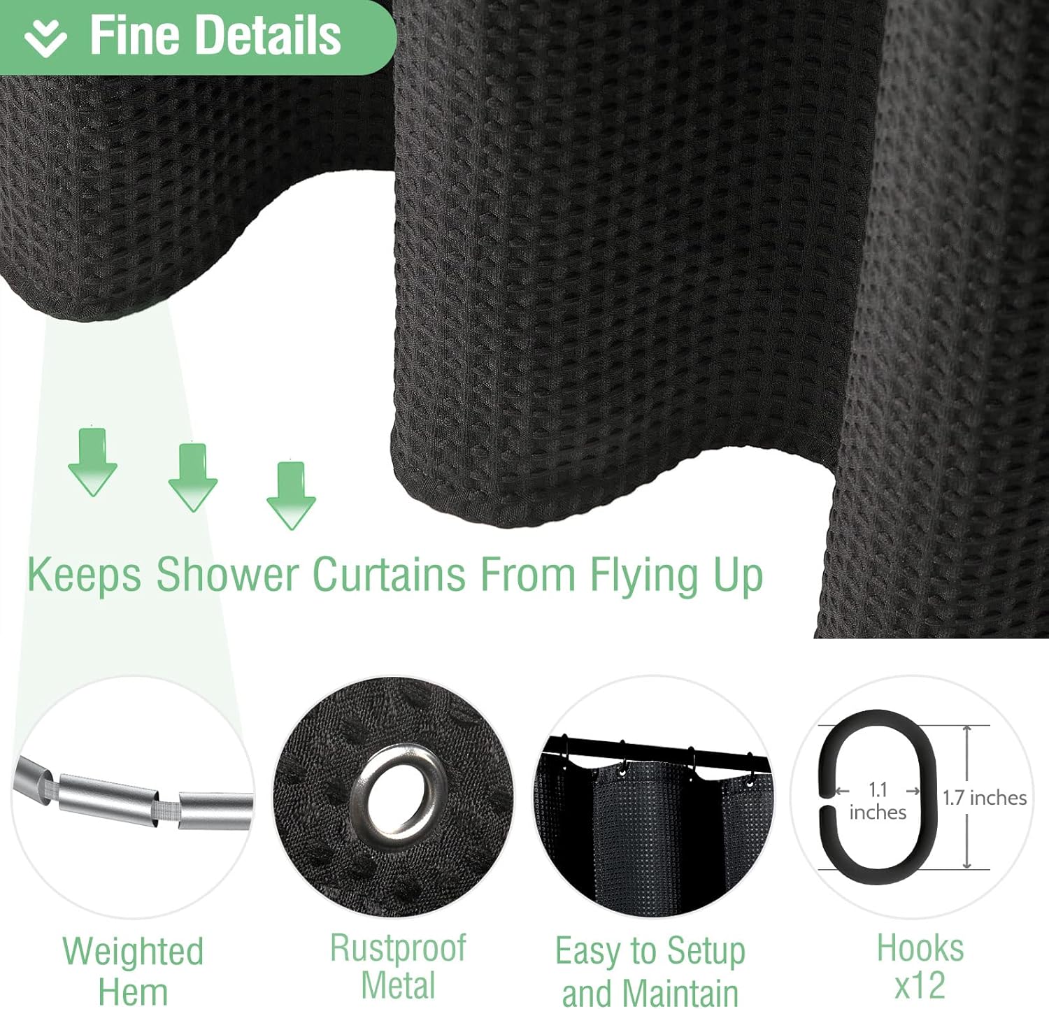 Dynamene Heavy Duty Waffle Shower Curtain Set with 12 Hooks