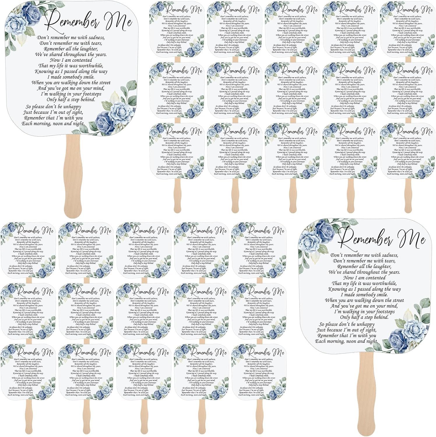 Teling 50 Pcs Blue Rose Memorial Fans with Wooden Handles