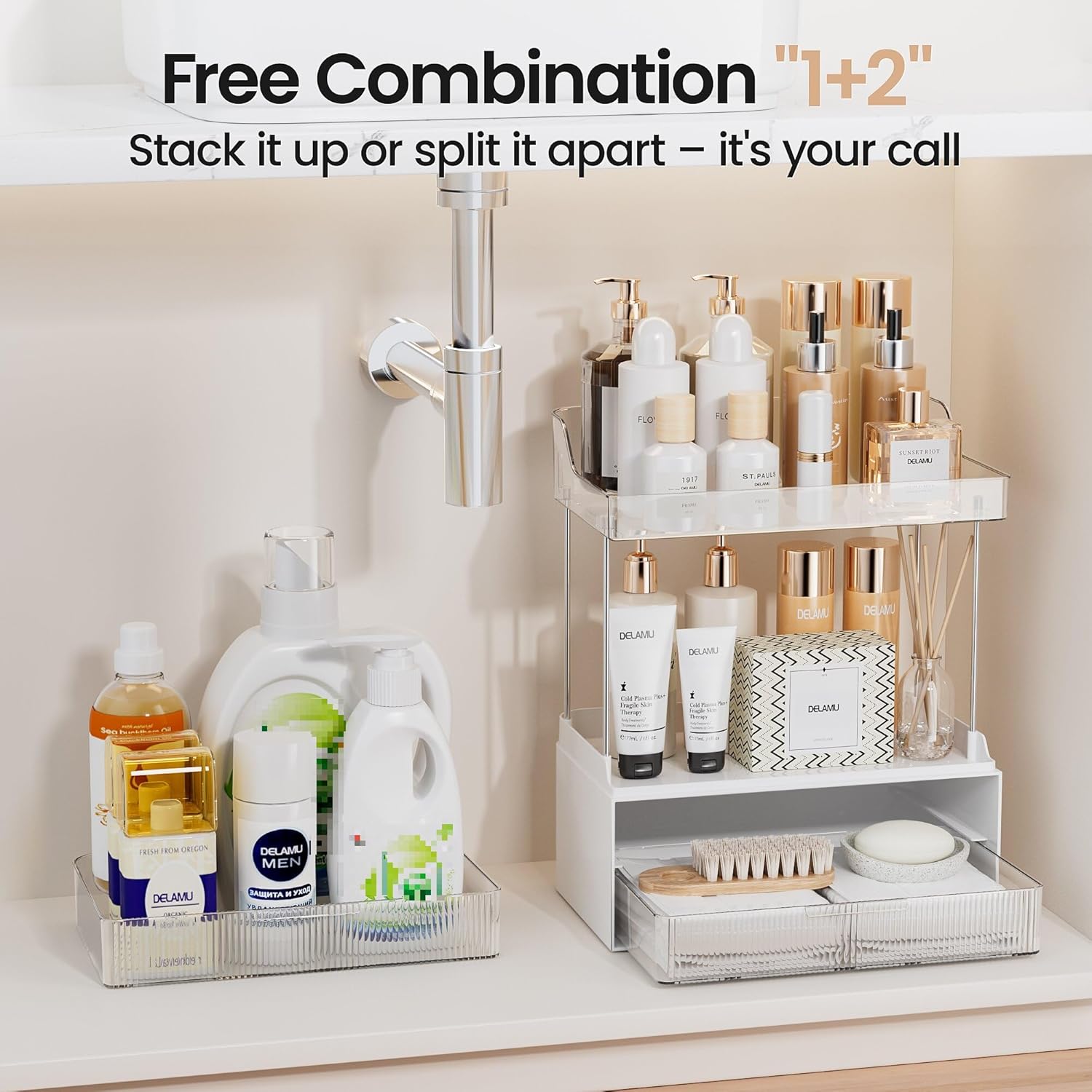 Delamu 2-Tier Makeup Organizer With 2 Drawers Clear