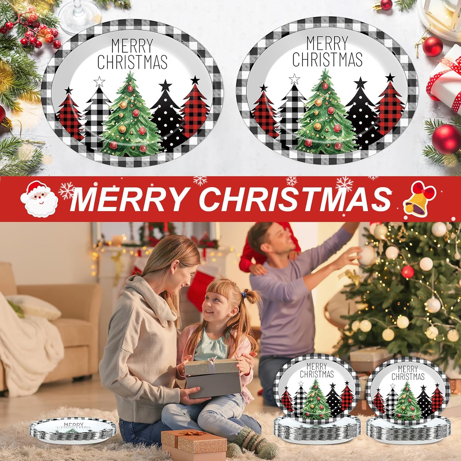 CHUNNIN 50Pcs Christmas Tree Plaid Paper Plates
