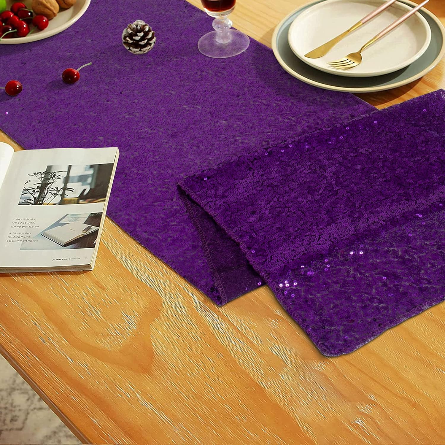 Sparkling Sequin Table Runner 12x120 Inches - 2 Pack Purple